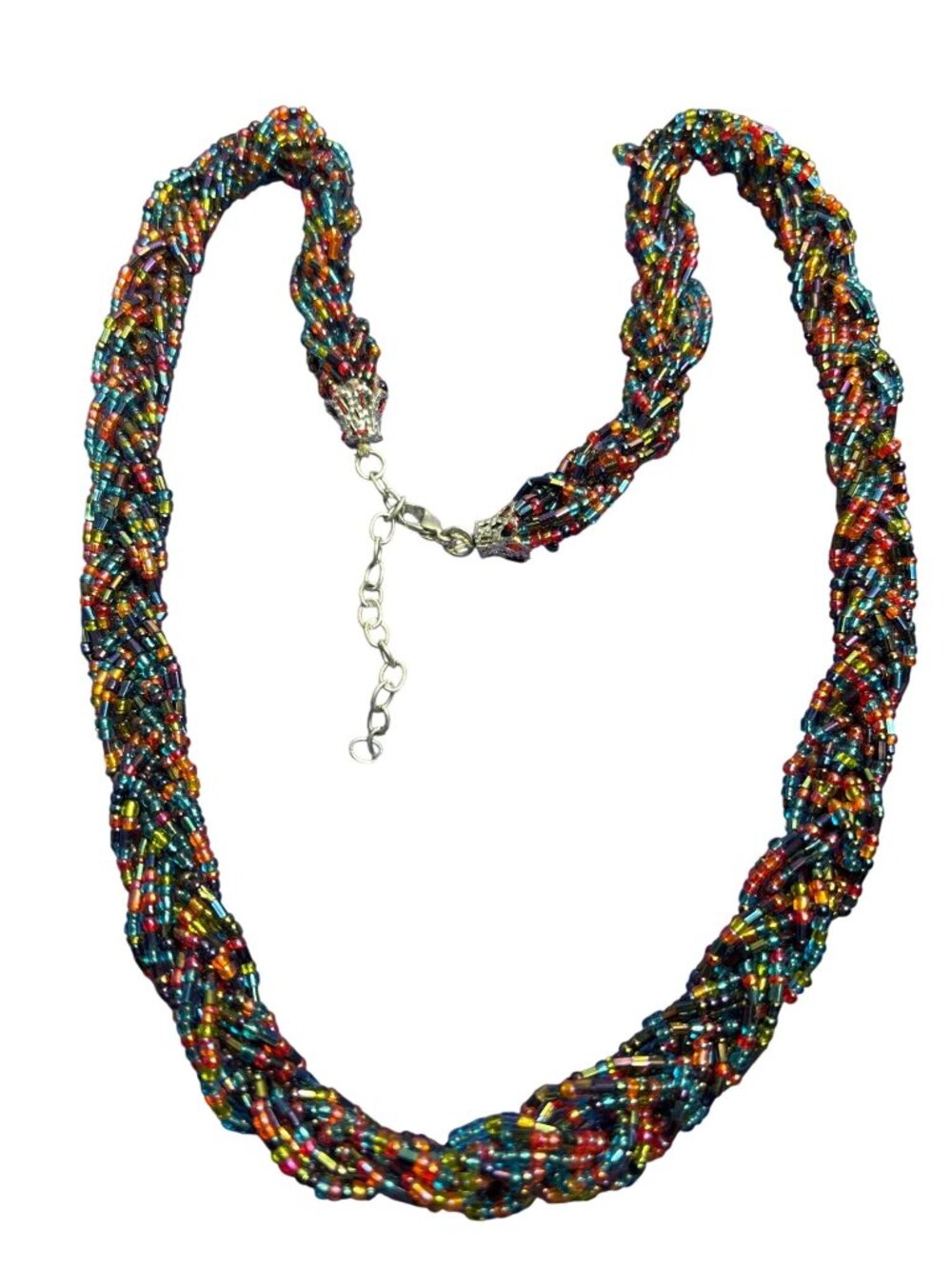 Multicolor Braided Seed Bead Necklace Silvertone Lobster Clasp 27 inches Long